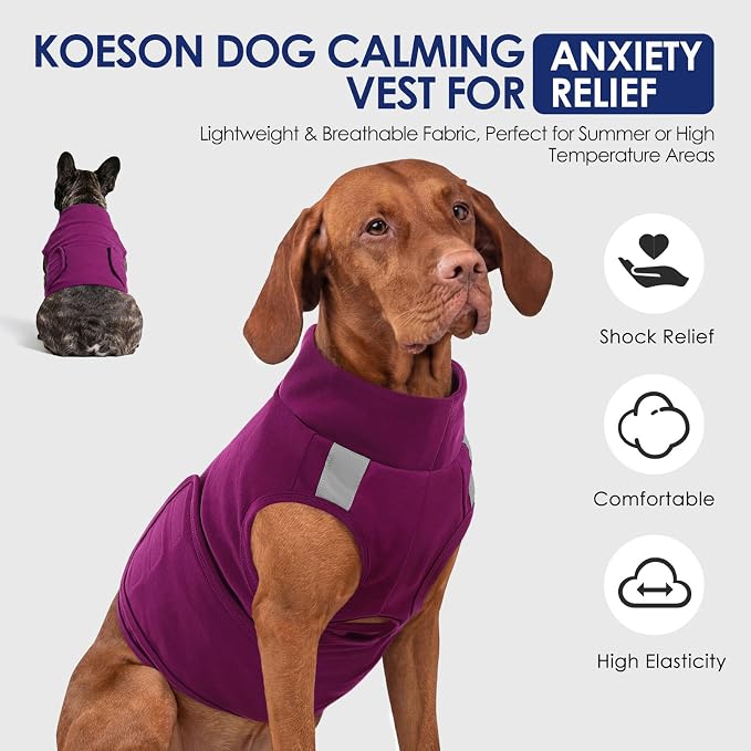 KOESON Reflective Dog Anxiety Vest, Adjustable & Breathable Thunder Jacket for Dogs, Lightweight & Soft Calming Vest for Dogs, Stress Relief Dog Compression Shirt for Thunder, Fireworks, Separation