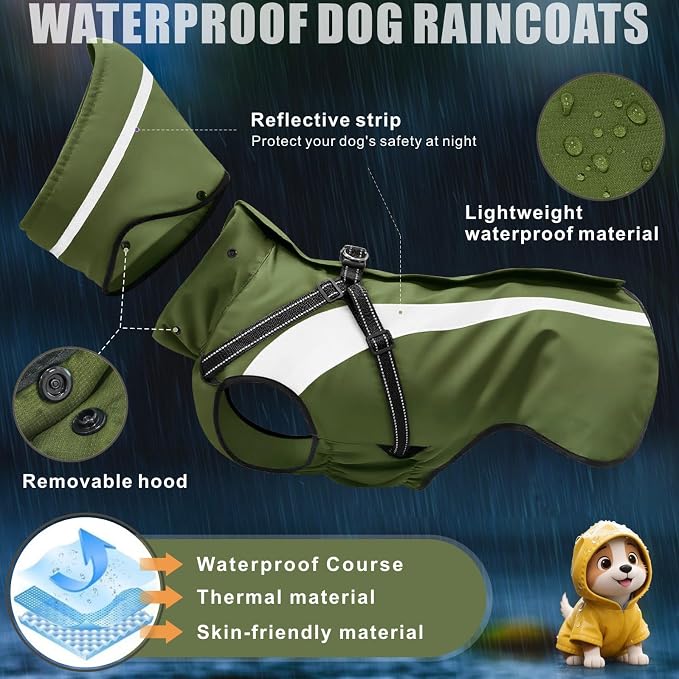 Dog Raincoat Waterproof Raincoats for Dog Reflective Dogs Rain Jackets with Hood Hoodie Pet Rain Poncho Coat for Small Medium Large Dogs Puppies S-XXL (Green, XL)