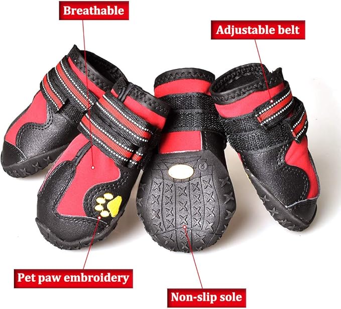 CovertSafe& Dog Boots for Dogs Non-Slip, Waterproof Dog Booties for Outdoor, Dog Shoes for Medium to Large Dogs 4Pcs with Rugged Sole Black-Red