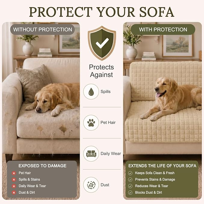 Smiry Velvet Couch Cover for Dogs, Non Slip Soft Sofa Protector for Pets | Washable Sofa Cover for Cats, Cozy Furniture Protector Against Pet Hair, Scratches, Fits Sectional Sofa(Khaki, 36"x63")