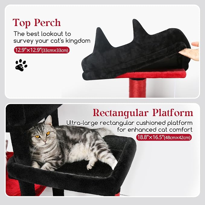 Globlazer Extra Large Platform Gothic Cat Tree, 65in Tall Sturdy Goth Cat Tower for Multiple Indoor Cats, Big Cat Tree for Large Cat with 3 Enlarged Perches, 6 Scratching Posts, Condo, S65, Red Black