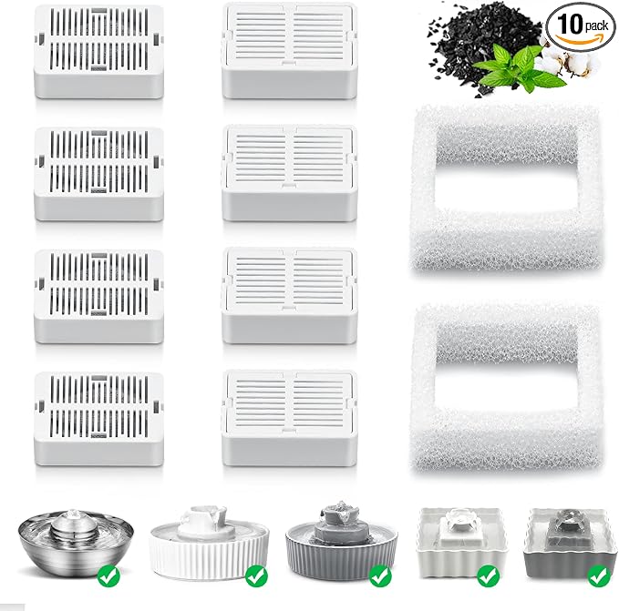 Wave and Cup Cake Porcelain Cat Fountain Filter 8 Carbon Filters 2 Foam Filters Ceramic Pet Fountain Water Dispenser Dog Fountain Replacement Filters(10PACK)