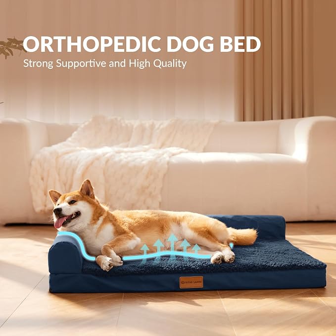 Patas Lague Orthopedic Large Dog Bed Pet Sofa Beds 36''X24'' Navy Blue | L Bolster Egg-Crate Foam Dog Couch For Large Sized Dogs, Waterproof Removable Washable Cover, Pet Mat with Nonskid Bottom