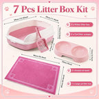Sliner 7 Pcs Kitten Litter Box Starter Kit, 2 Plastic Small Kitty Litter Box Training Low Entry with Scoop, 2 Double Cat Bowl and Mat for Kitten Indoor (Pink)