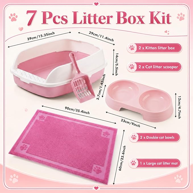 Sliner 7 Pcs Kitten Litter Box Starter Kit, 2 Plastic Small Kitty Litter Box Training Low Entry with Scoop, 2 Double Cat Bowl and Mat for Kitten Indoor (Pink)