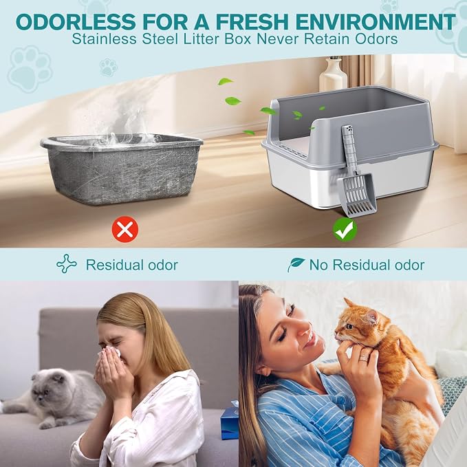 2PACK Stainless Steel Cat Litter Box, Metal Kitty Litter Box with High Sides for Small Cats,Kittens, Open Top Litter Boxes with Anti-Leak Lid,Odorless,Non-Sticky, Easy to Clean,Scoop Include,M