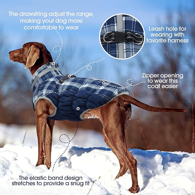 FUAMEY Dog Cold Weather Coats Reflective Dog Warm Jacket with Harness | Fleece Puppy Coat for Small Dogs Snow Puffer Vests with Zipper Reflective Turtleneck Jackets for Winter Blue Plaid XS