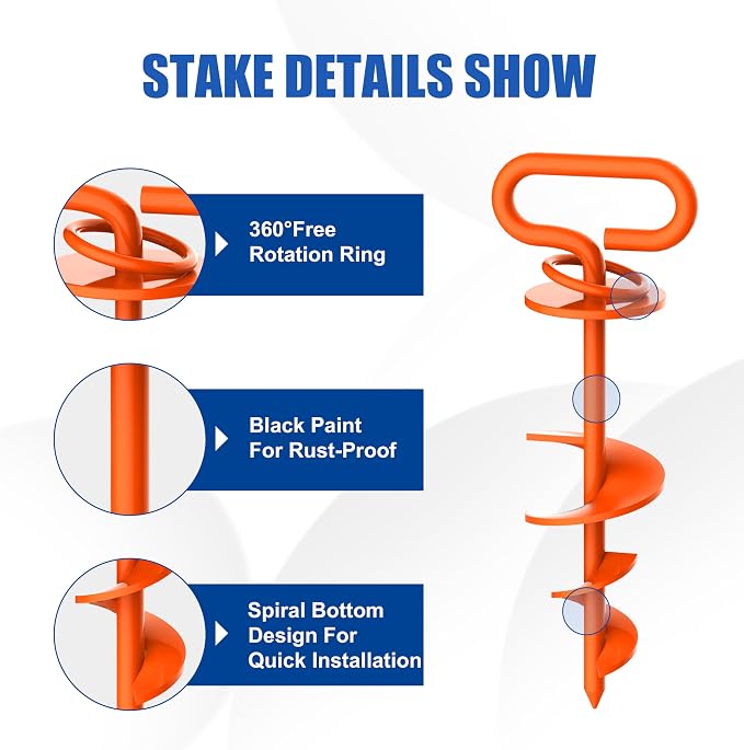 Eurmax USA 2-Pack Heavy Duty Dog Tie Out Stake, No-Tangle In Ground Anchor Runner for Large Dogs up to 210 Lbs - Perfect for Yard, Beach and Camping (Square,Orange)