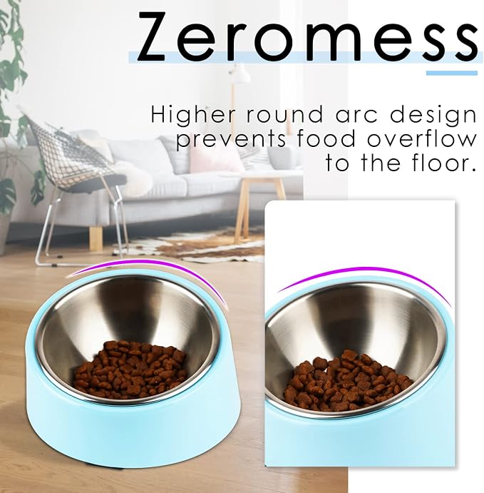 SuperDesign Mess Free 15° Slanted Bowl for Dogs and Cats, Tilted Angle Bulldog Bowl Dog Feeder, Non-Skid & Non-Spill, Easier to Reach Food S/0.5 Cup Blue