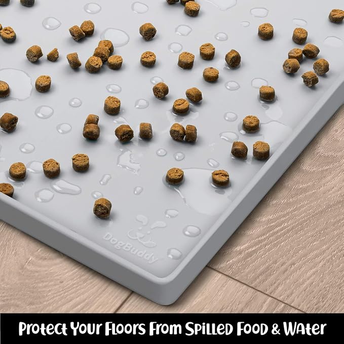 DogBuddy Dog Food Mat – Waterproof Dog Bowl Mat for Food and Water, Silicone Pet Feeding Mats for Floors, Non-Slip Placemat with High Edges for Dogs Bowls, Puppy Essentials (M: 21” x 14”, Mist)