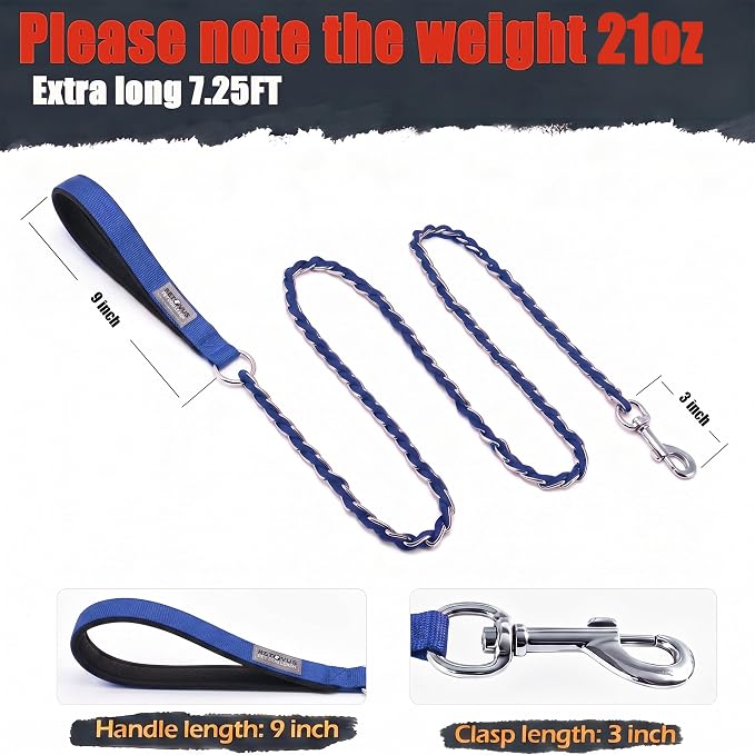 S-ETOVUS-Chain Dog Leash, Bite-Proof Metal Leash, with Padded Handle | Three Sizes 7.25FT/5.2FT/4FT, Woven From Nylon Rope And Chain, Durable And Bite-Resistant, Comfortable With Padded Handles
