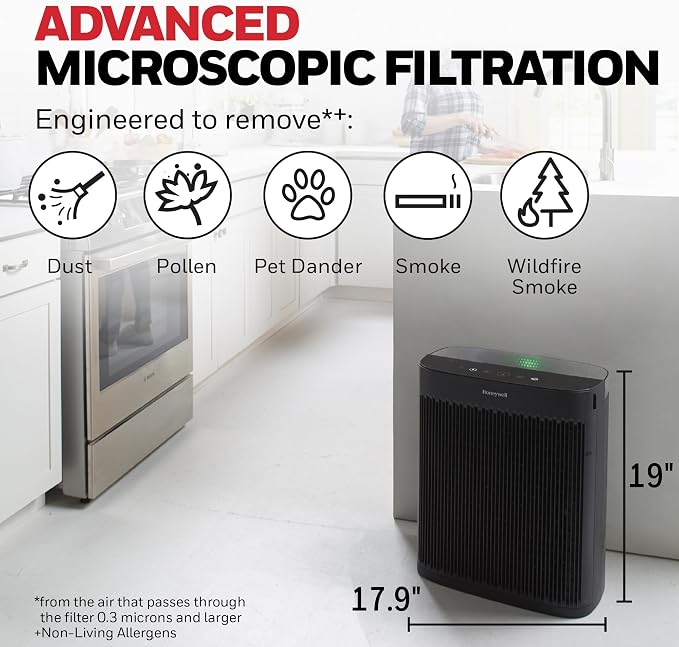 Honeywell HEPA Air Purifier for Home and Large 1700 ft² Rooms, Black | Powerful HEPA Filtration, Air Quality Monitor, Turbo and Auto Mode, Reduces Allergens, Dust, Pollen, Pet Dander, Odors, Smoke