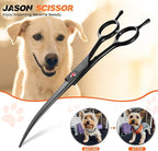 JASON Curved Dog Grooming Scissor - 7" Professional Down-curved Shears | Black, Ergonomic Handle, Japanese Stainless Steel, for Cats and Other Pets, Sharp, Gift