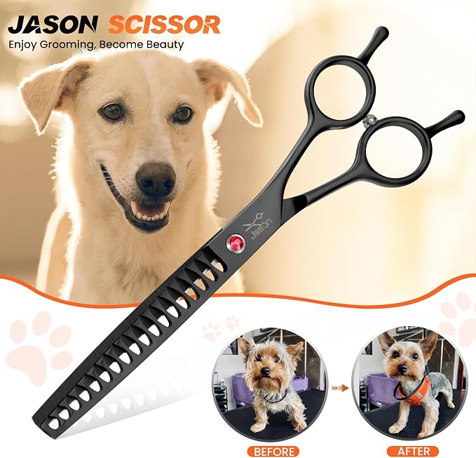 JASON Dog Grooming Chunker Scissors - 7" Professional Thinning Shears Black | 18 Teeth Japanese Stainless Steel Hair Scissor for Dogs, Cats and Other Pets, Gift