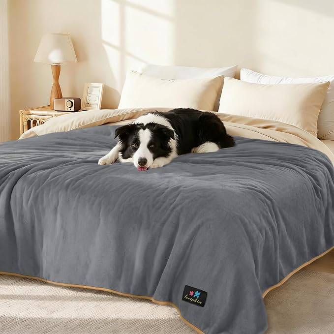 Luciphia Waterproof Blanket for Large Dog, Reversible Sherpa Couch Cover | waterproof pet blanket sherpa fleece reversible couch cover bed protector car from spills scratches, Grey+Beige 57" x 40"