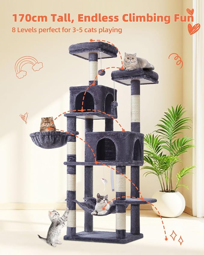 Taoqimiao Cat Tree, 66.2 in Tall Cat Tower with 2 Plush Cat Condos | 7 Scratching Posts, 2 Top Perches, Cozy Hammock & Basket, Indoor Cats, 2 Pompoms & Mouse Toy, Smoky Gray, MS013G