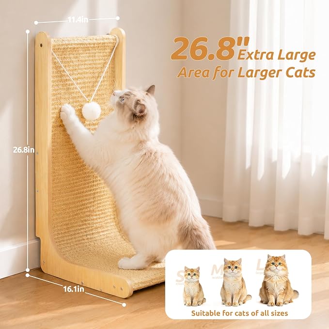 26.8" Sisal Cat Scratchers with Bell Plush Balls,Wooden Furniture | L Shaped Scratching Post for Indoor Cats,Vertical Cat Scratcher Board Natural Sisal Scratcher Pad to Protect Furniture