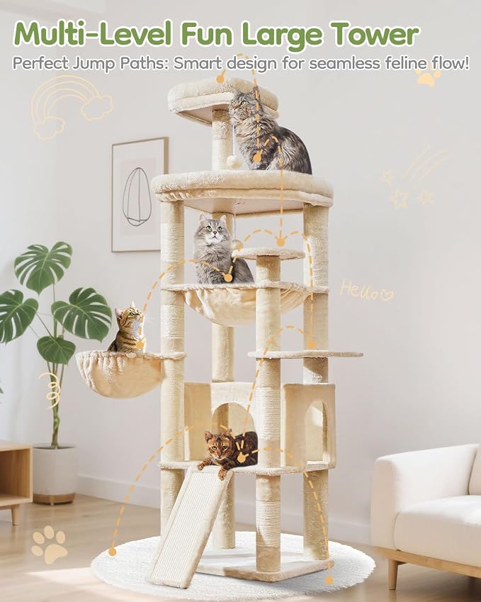 Taoqimiao Cat Tree for Large Cats, 72In Tall Cat Tower, Giant Platform | Widened Cat Condo with Large Scratch Board, 5 Scratching Posts, Metal Frame Hammcock, Cozy Basket, Beige, MS045M