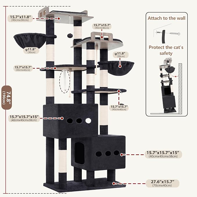 Gitelsnour Sturdy Cat Tree Tower with 2 Large Condos, 4 Big Perchs GCT039G | 74.8" Sturdy Cat Furniture for Indoor Cats Large Adult with 2 Cozy Cat Baskets, Sisal Scratching Posts & Toys, Dark Gray