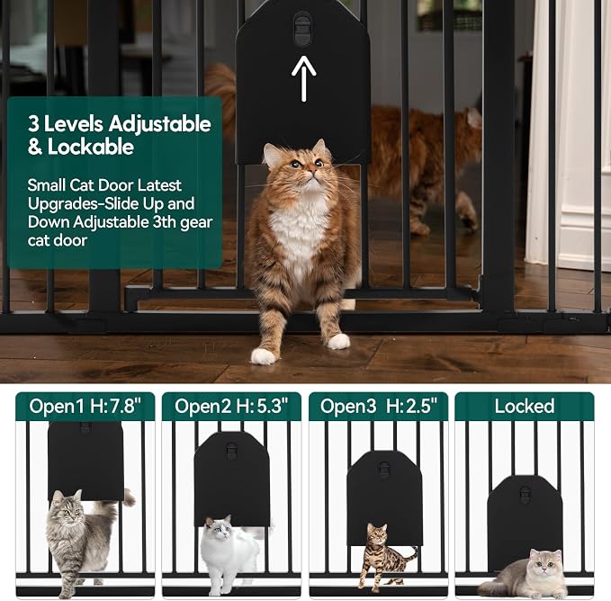Babelio Auto Close Baby Gate with Cat Door, CatPrivilege I, 29-43" | Safety Gate for Doorway & Stairs, Easy Walk Thru with Pet Door, Includes 4 Wall Cups and 3 Extension Pieces, Black