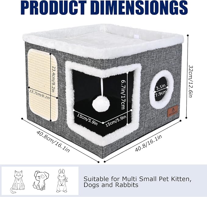 Cat Beds for Indoor Cats, Large Cat Cave Bed with Scratch Pad and Fluffy Ball, Foldable Cat Hideaway, Cat House with Reversible Cushion for Multi Small Pet Up to 30LBS, Grey