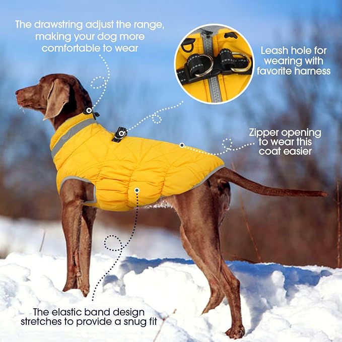 FUAMEY Dog Winter Coat Fleece Warm Large Dog Coat with Harness Built in | Dogs Cold Weather Fleece Coats Zip up Reflective Dog Winter Vest Windproof Water Resistant Snow Coats Yellow XL