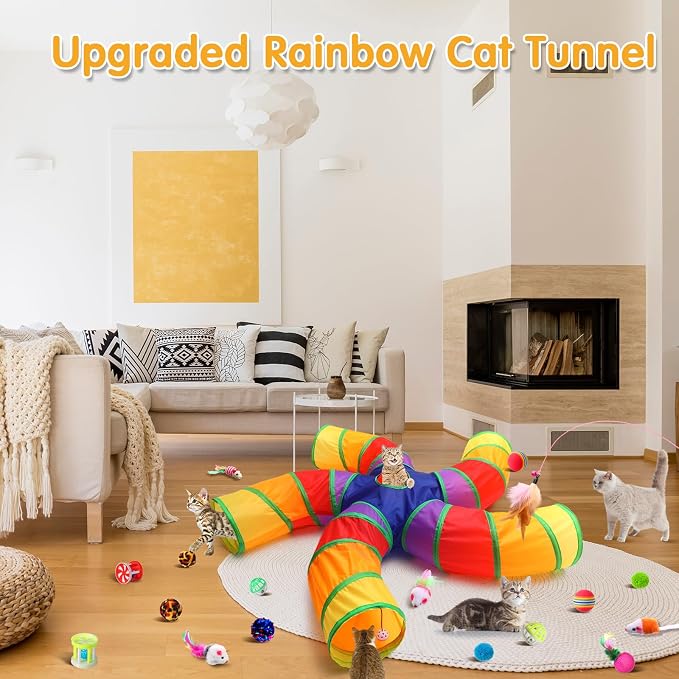 Poen 21 Pcs Cat Tunnel for Indoor Set Collapsible 5 Way Tubes with 20 Pcs Cat Kitten Toys Interactive Feather Toy Mouse Crinkle Balls Tube for Puppy Kitten Rabbit(Colorful)