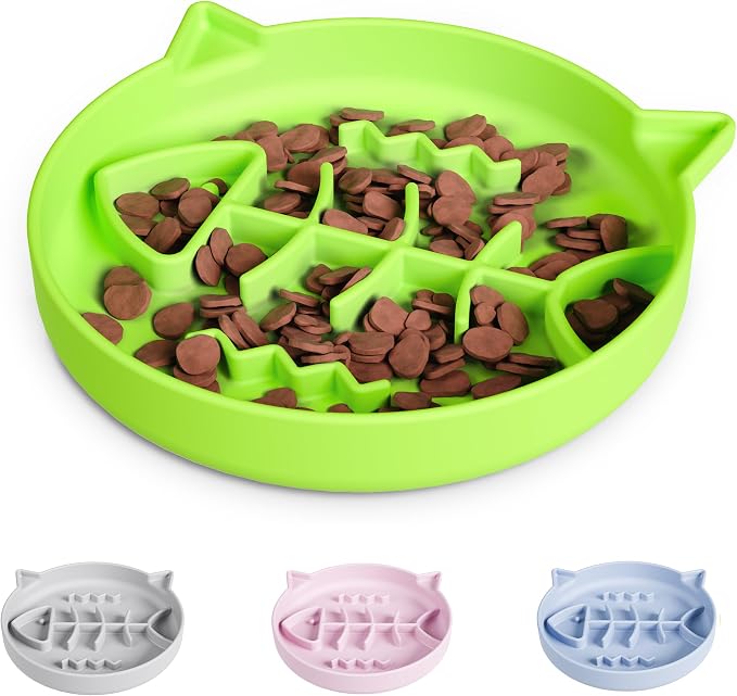 Silicone Cat Slow Feeder Bowl With Suction Cups - Interactive Puzzle Toy to Reduce Overeating in Kitty (Green, 1 Cup)
