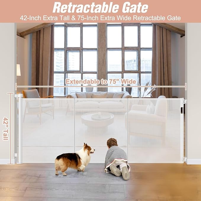 Reinforced 42" Extra Tall x 75" Wide Retractable Gate with Support Rods - Prevent Crawling Under Extra Tall Baby Gate Retractable Dog Gate Indoor Long Dog Gate Outdoor Retractable Pet Gate, White | Tall Retractable Baby Gate Prevents Crawling Under, Sp...