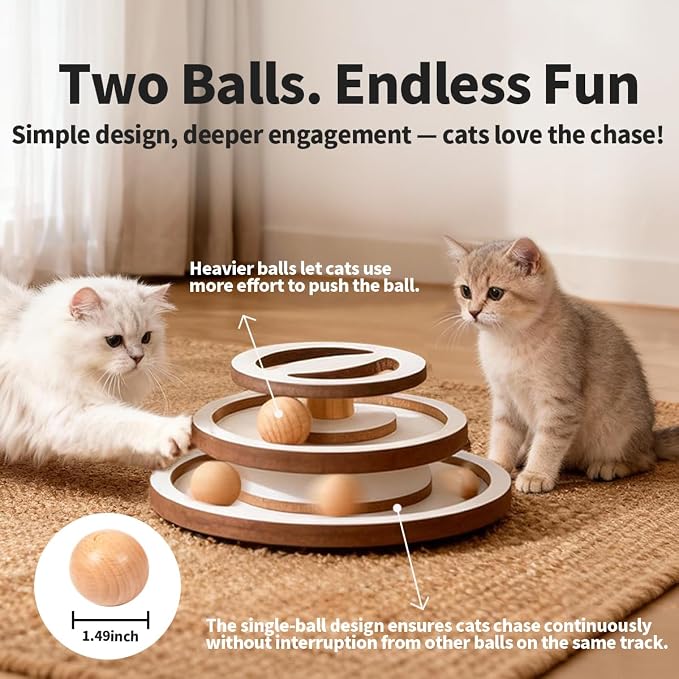 Lulu's world Cat Ball Track Toy with Puzzle Top,Heavy Wooden Kitty Toys | Interactive spinning balls,no installation required,mental physical exercise,not collapse,for indoor,play home enrichment