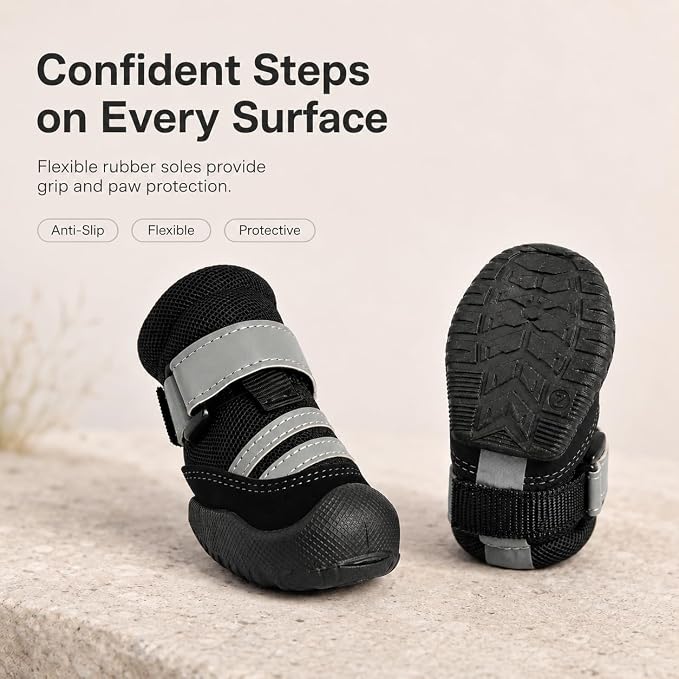 Dog Boots, Waterproof Dog Shoes with Reflective Straps, Rugged Anti-Slip Sole Paw Protectors for Medium Large Dogs, Breathable Pet Booties for Hot Pavement, Snow, Hiking, 4Pcs