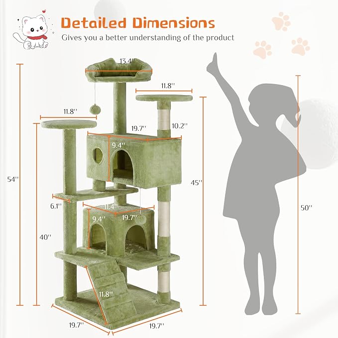 Sweetcrispy 54-inch Indoor Cat Tree Tower with Scratching Posts, Green | Multi-Level Indoor Cat Tree Condo with Climbing Ladder, Plush Toy, Play House for Kitten