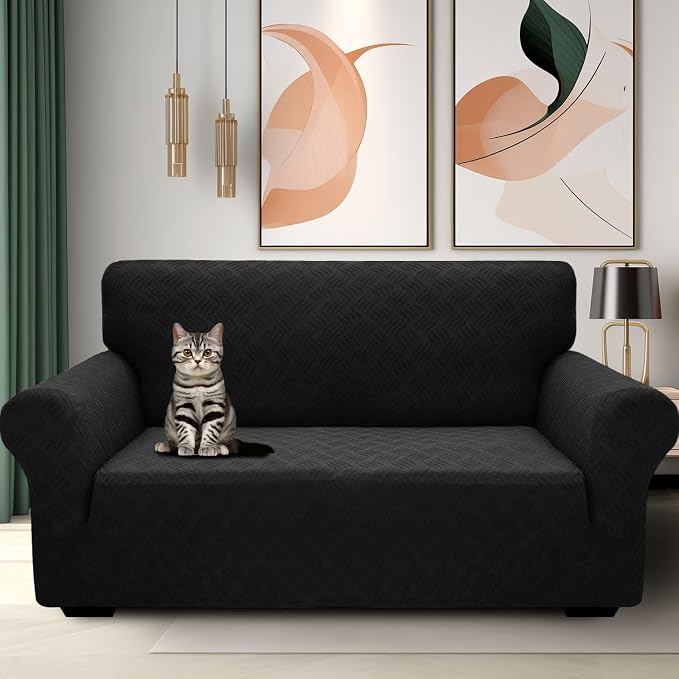 YEMYHOM Couch Cover Latest Jacquard Design High Stretch Sofa Covers for 2 Cushion Couch, Pet Dog Cat Proof Loveseat Slipcover Non Slip Magic Elastic Furniture Protector (Medium, Leaf Patten Black)
