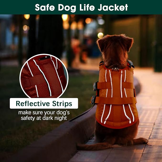 Kuoser Dog Life Jacket, High Flotation Reflective Dog Life Vest, Orange, L | Adjustable Dog Lifejackets for Small Medium Large Dogs, Lifevest with Rescue Handle for Swimming, Boating, Lake, Beach & Pool