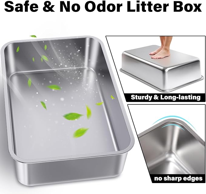 Stainless Steel Cat Litter Box XXL 2pcs，Metal Litter Box for Big Cats | Multiple Cats, Cat LitterBox -Pet Toilet Easy to Clean,Pan Litter Box,Non Stick, No Smell,Indoor,Pet Bathing Pan