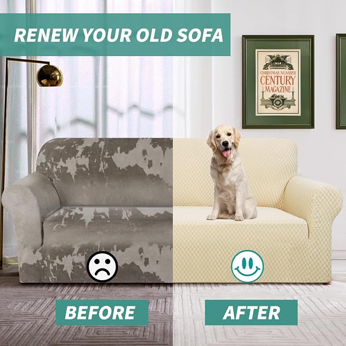 YEMYHOM Couch Cover Latest Jacquard Design High Stretch Sofa Covers for 3 Cushion Couch, Pet Dog Cat Proof Slipcover Non Slip Magic Elastic Furniture Protector (Sofa, Beige)