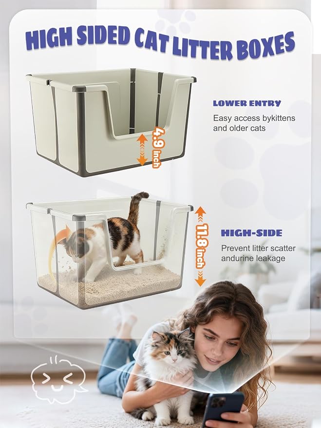 Large Cat Litter Boxes (16x20x12 Inch) with Scoop, Portable Cat Litter Box for Travel with Open Top & High Side, Foldable Box Easy to Carry to Indoor or Outdoor, for Kitty & Big Cats