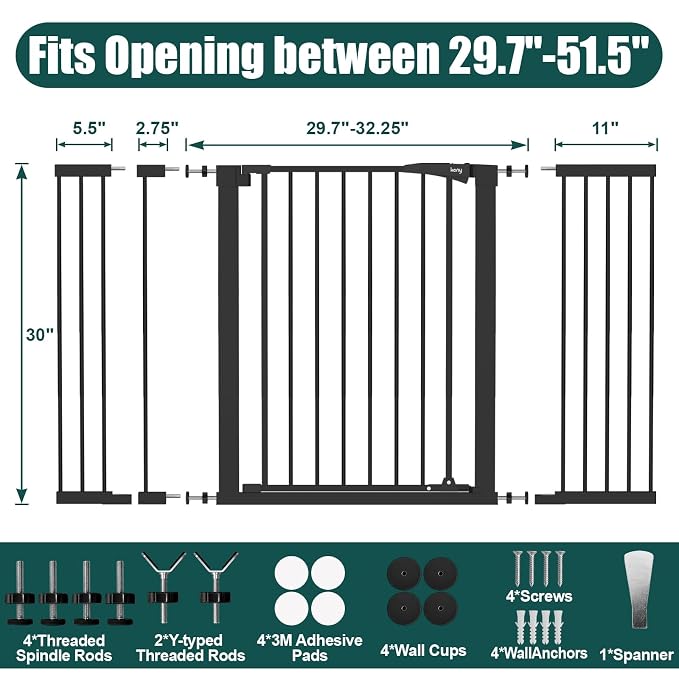 keny 29.7"-51.5" Extra Wide Baby Gate for Stairs, Easy Walk Thru Dog Gate | 21.1" Large Opening Door, Pressured Mounted No Drilling Pet Gate, 30" Tall, Black