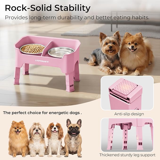 URPOWER Mess Proof Elevated Dog Bowls for Small Dogs with Splash Guard | 4 Height Adjustable Raised Stand with 2 Stainless Steel Food Bowls & Licking Plate for Small, Medium & Large Dogs