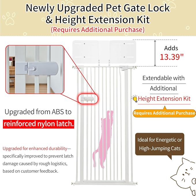Lumizone Extra Tall Cat Gate 55.12" High 29.92"-59.44" Wide Pet Gate White | Dog Gate for Doorway Hallway Stairs Pressure Mounted Extra Wide 1.37" Gap No Drilling Auto-Close One-Handed Operation