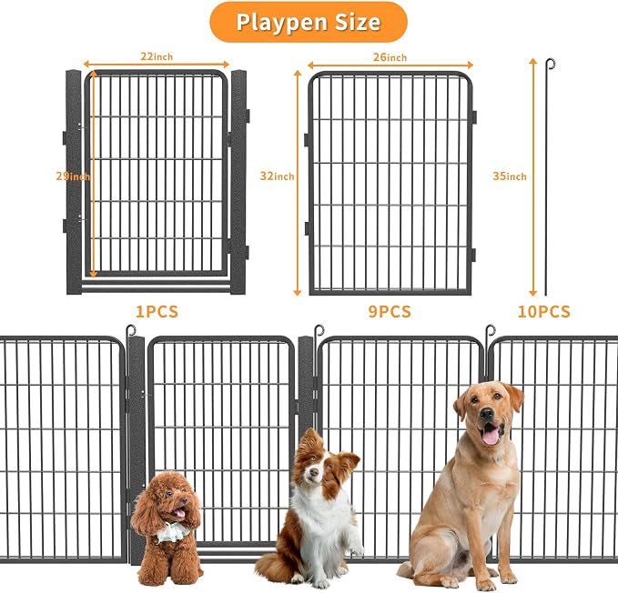 Dog Playpen Outdoor with Low Threshold Gate, 32 inch 10 Panels Dog Play Pen Indoors, Heavy Duty Metal Puppy Playpen Dogs Pen, Rust-Resistant Pet Playpens for Yard RV Camping