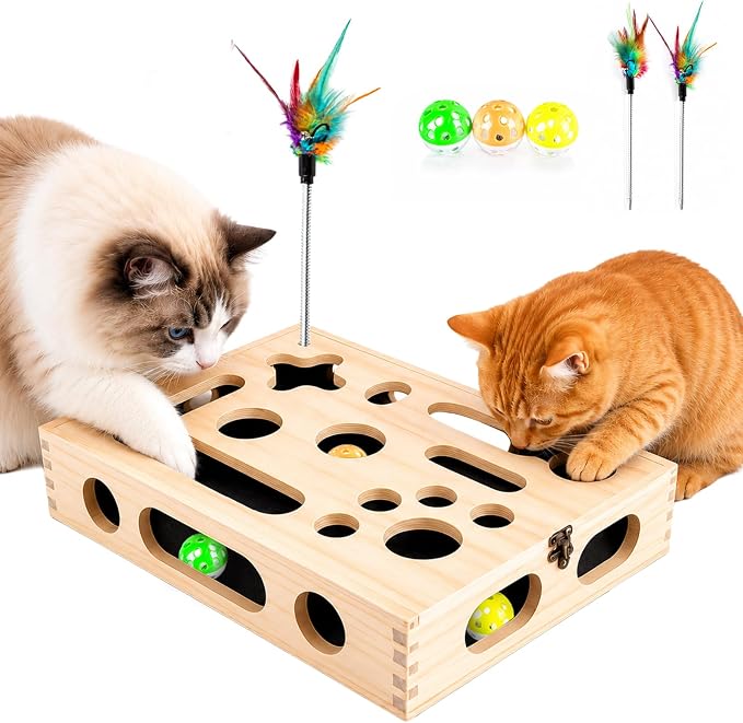 Large Cat Nail File Box, Sturdy Wood with 3 Small Balls & 2 Cat Teaser | Cat Scratch Puzzle Box with Sandpaper Inside Requires No Installation, Cat Puzzle Toys for Scratching & Interactive Play