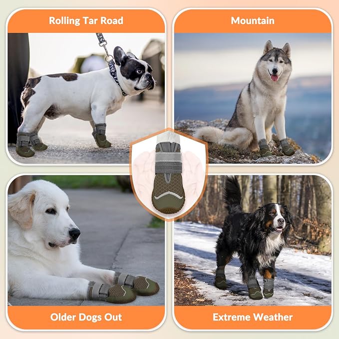 SlowTon Dog Shoes for Large Small Medium Dogs - Breathable Dog Boots for Summer Hot Pavement, Paw Protector for Outdoor Walking Winter Snow, Anti-Slip Rubber Dog Booties for Hardwood Floor (Brown, 0)