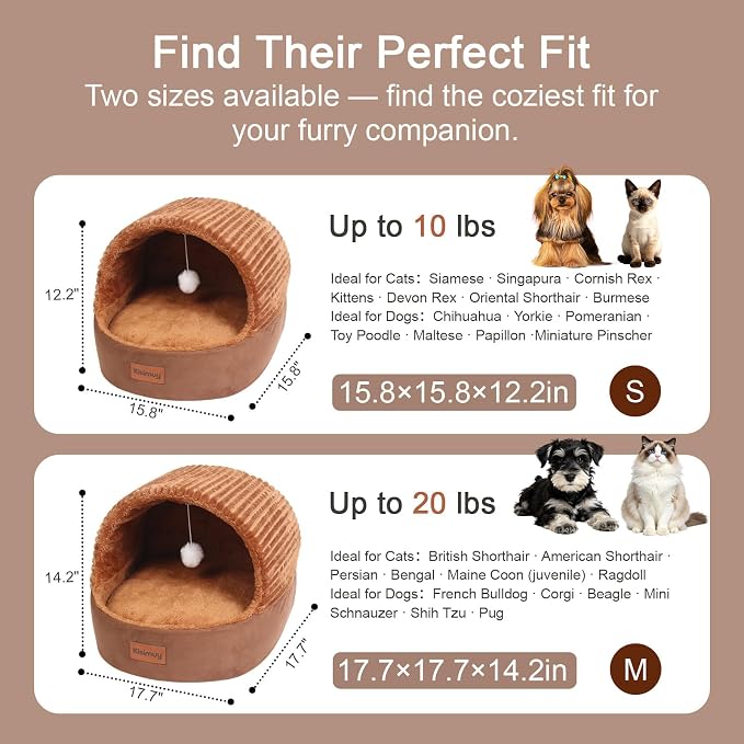 Cat Bed Cave with Pillow & Cat Toys, Cat Bed for Indoor Cats & Dog | 17.7in, Up to 15 lbs, Dual-Sided Cushion, Reversible Comfort for All Seasons, Semi-Enclosed Design, Machine Washable, Brown