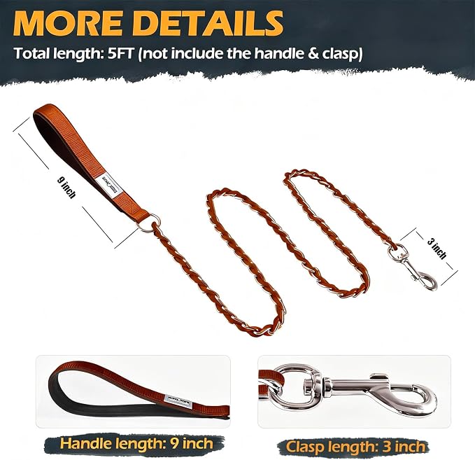 S-ETOVUS-Chain Dog Leash, Bite-Proof Metal Leash, with Padded Handle | Three Sizes 7.25FT/5.2FT/4FT, Woven From Nylon Rope And Chain, Durable And Bite-Resistant, Comfortable With Padded Handles