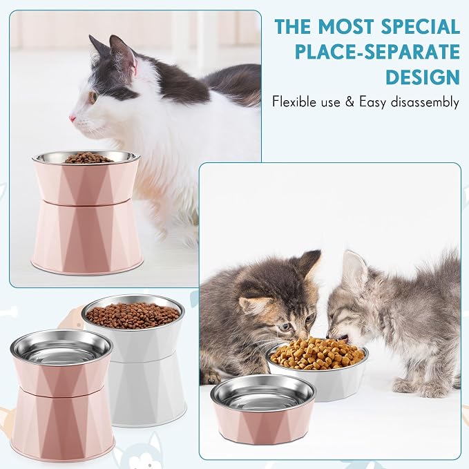 Lallisa 2 Pcs Elevated Cat Bowls Adjustable Raised Cat Feeder Non Slip Food Water with Stand Safe Stainless Steel Bowls with Pet Food Stand for Pets Feeding Eating(Pink, White)