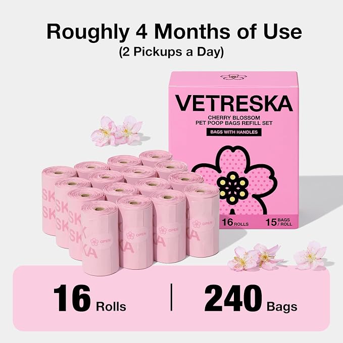 VETRESKA Dog Poop Bags with Handles 240 Count, Floral Scented Waste Bags | Leak-Proof Thick Dog Bags for Poop, Easy-Tie Large Poop Bags, 16 Refill Rolls for Dog Walking Cat Litter