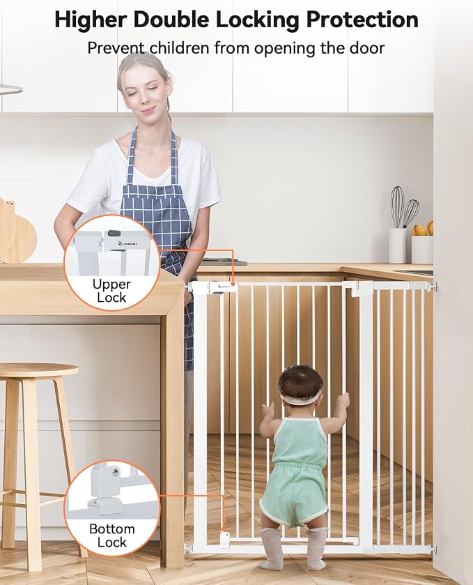 COMOMY 42" Extra Tall Baby Gate for Stairs Doorways, Fits Openings 29.5" to 40.6" Wide, Auto Close Sturdy Safety Dog Gate for House, Pressure Mounted Easy Walk Through Pet Gate with Door, White