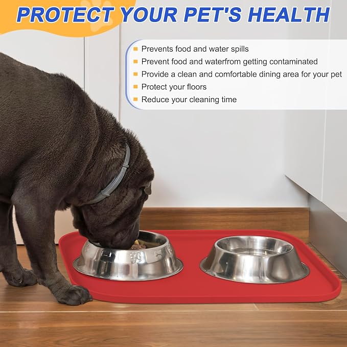 SMILOOL Silicone Pet Food Mat with Raised Edge for Food and Water Bowl, Dog Feeding Mats, Cat Food Trays for Floor Waterproof, Rubber Tray for Dogs and Cats, 22 x 14 x 0.8 Red