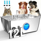 HINTON Stainless Steel Dog Water Fountain for Large Dogs, 12L, 3 Filters | Viewing Window, LED Water Level Indicator, Super Quiet Pump, Easy to Clean, BPA-Free
